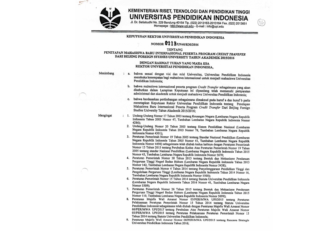 Surat Keputusan Rektor Universitas Pendidikan Indonesia Tentang Penetapan Mahasiswa Baru Internasional Peserta Program Credit Transfer Dari Beijing Foreign Studies University