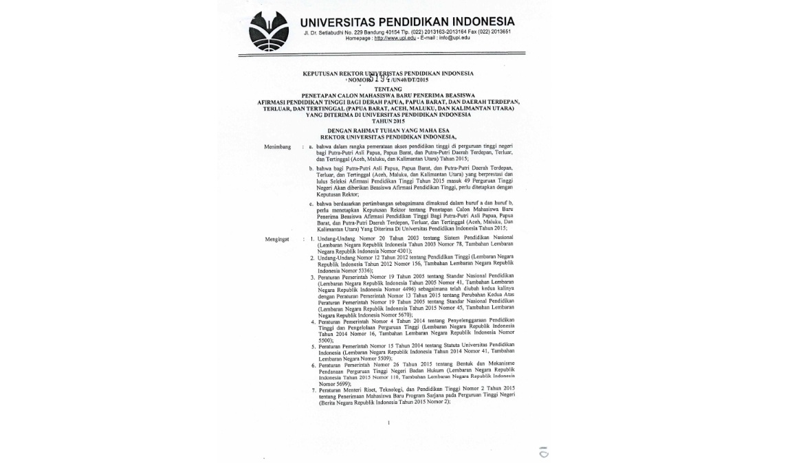 Surat Keputusan Rektor Universitas Pendidikan Indonesia Tentang Pentapan Calon Mahasiswa Baru Penerima Beasiswa Afirmasi Pendidikan Tinggi