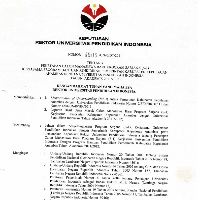 Surat Keputusan Rektor Universitas Pendidikan Indonesia Tentang Penetapan Calon Mahasiswa Baru Program Sarjana (S1) Kerjasama Program Bantuan