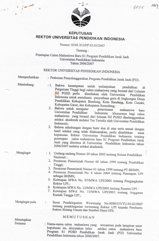 SK Rektor UPI  tentang Penetapan Calon Mahasiswa baru S1 Program Pendidikan Jarak Jauh UPI Tahun 2006/2007