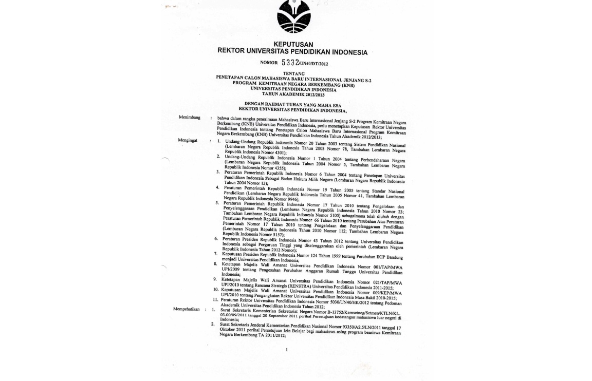 Surat Keputusan Rektor Universitas Pendidikan Indonesia Tentang Penetapan Calon Mahasiswa Baru Internasional Jenjang S-2 Program Kemitraan Negara Berkembang (KNB)