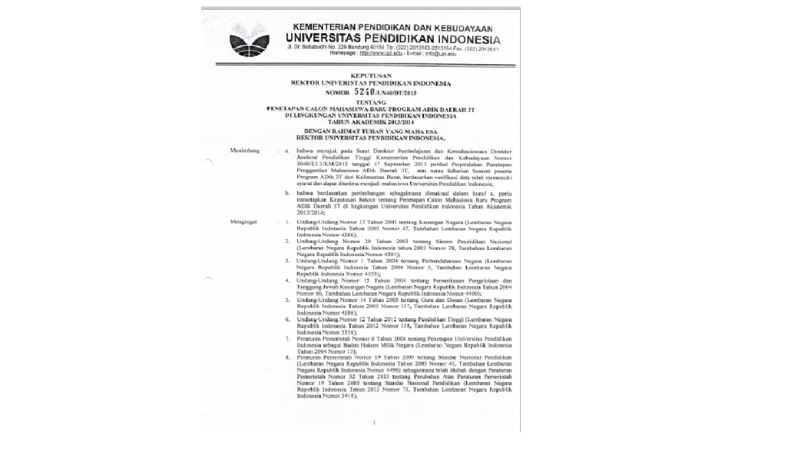 Surat Keputusan Rektor Universitas Pendidikan Indonesia Tentang Penetapan Calon Mahasiswa Baru Program Adik Daerah 3T