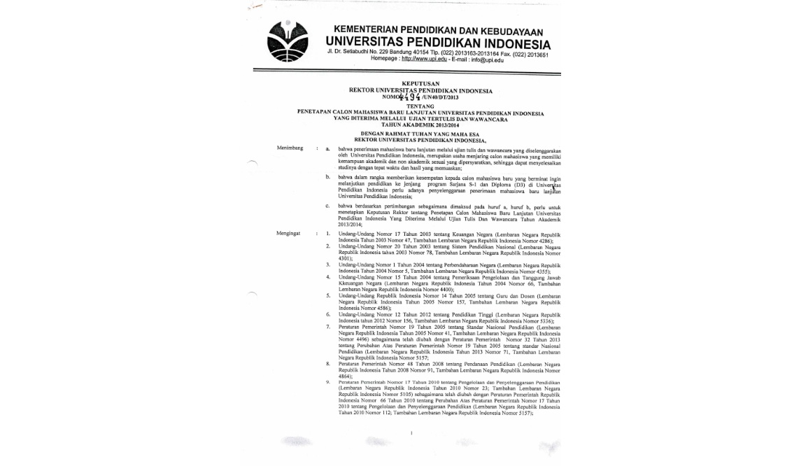 Surat Keputusan Rektor Universitas Pendidikan Indonesia Tentang Penetapan Calon Mahasiswa Baru Lanjutan