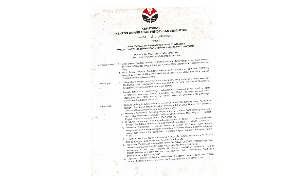 Surat Keputusan Rektor Universitas Pendidikan Indonesia Tentang Calon Mahasiswa Baru Jenjang S1 Akademik