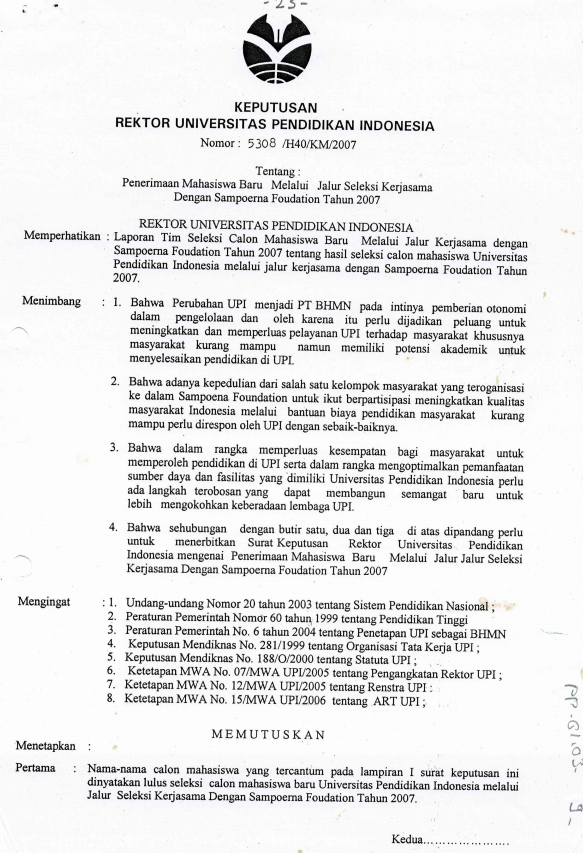 SK Rektor UPI tentang Penerimaan Mahasiswa Baru Melalui Jalur Seleksi Kerjasama dengan Sampoerna Foundation Tahun 2007