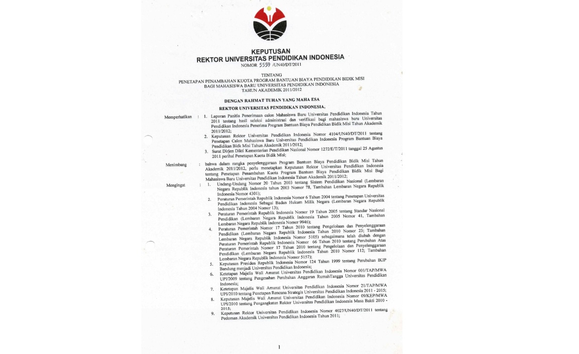 Surat Keputusan Rektor Universitas Pendidikan Indonesia Tentang Penetapan Penambahan Kuota Program Bantuan Biaya Pendidikan Bidik Misi