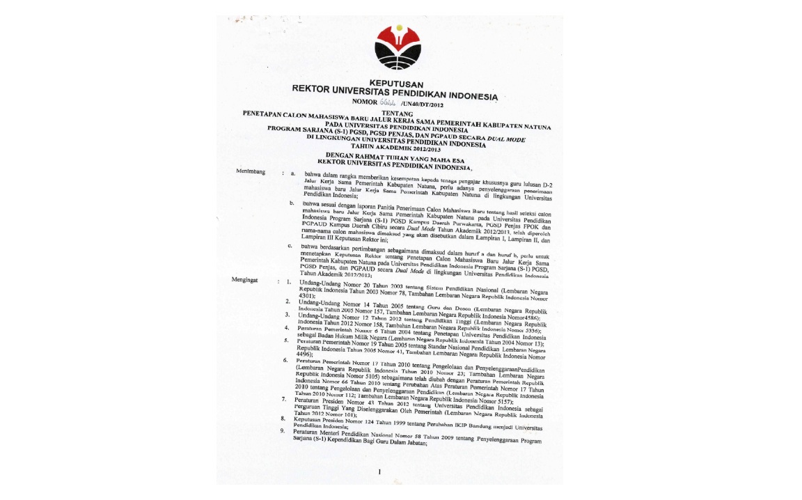 Surat Keputusan Rektor Universitas Pendidikan Indonesia Tentang Penetapan Calon Mahasiswa Baru Jalur Kerjasama Pemerintah Kabupaten Natuna