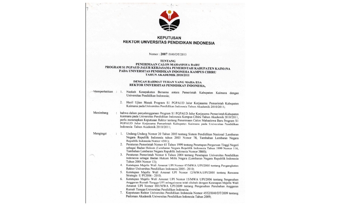Surat Keputusan Rektor Universitas Pendidikan Indonesia Tentang Penerimaan Calon Mahasiswa Baru Program S1 PGPAUD