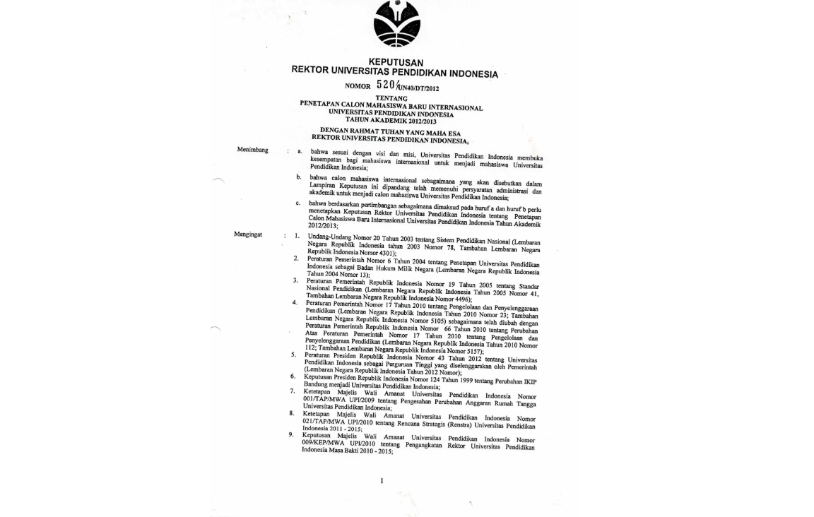 Surat Keputusan Rektor Universitas Pendidikan Indonesia Tentang Penetapan Calon Mahasiswa Baru Internasional