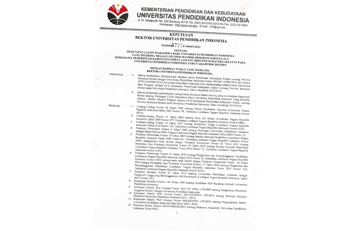 Surat Keputusan Rektor Universitas Pendidikan Indonesia Tentang Penetapan Calon Mahasiswa Baru Universitas Pendidikan Indonesia Yang Diterima Melalui Seleksi Mandiri Program Sarjana