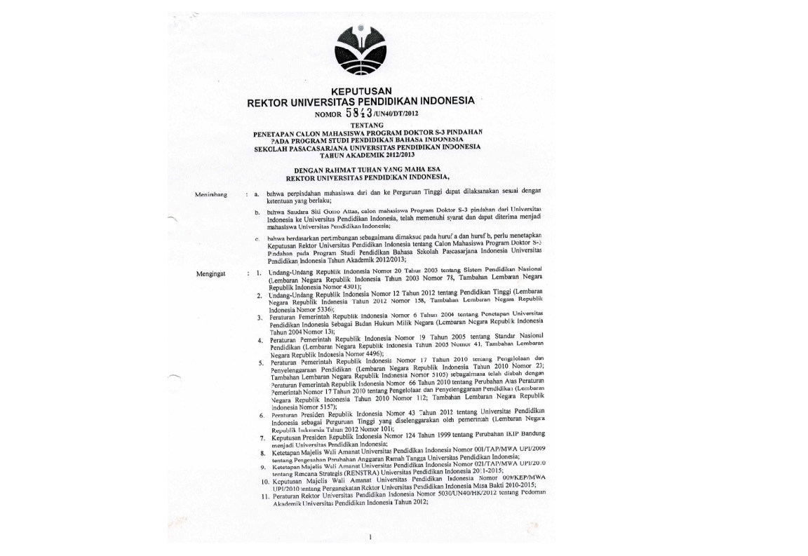 Surat Keputusan Rektor Universitas Pendidikan Indonesia Tentang Penetapan Calon Mahasiswa Program Doktor S3 Pindahan Pada Program Studi Pendidikan Bahasa Indonesia Sekolah Pascasarjana