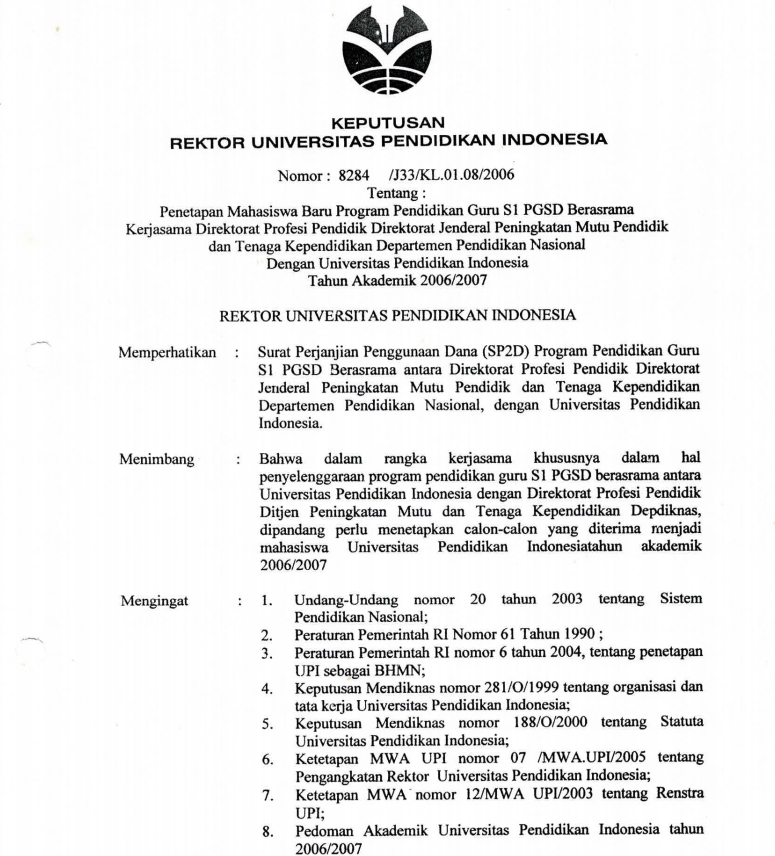 SK Rektor UPI  tentang Penetapan Mahasiswa Baru Program Pendidikan Guru S1 PGSD