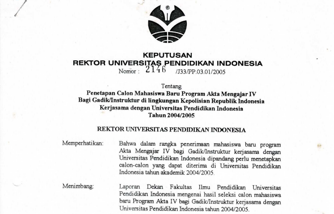 Surat Keputusan Penetapan Calon Mahasiswa Baru Tahun 2004-2005