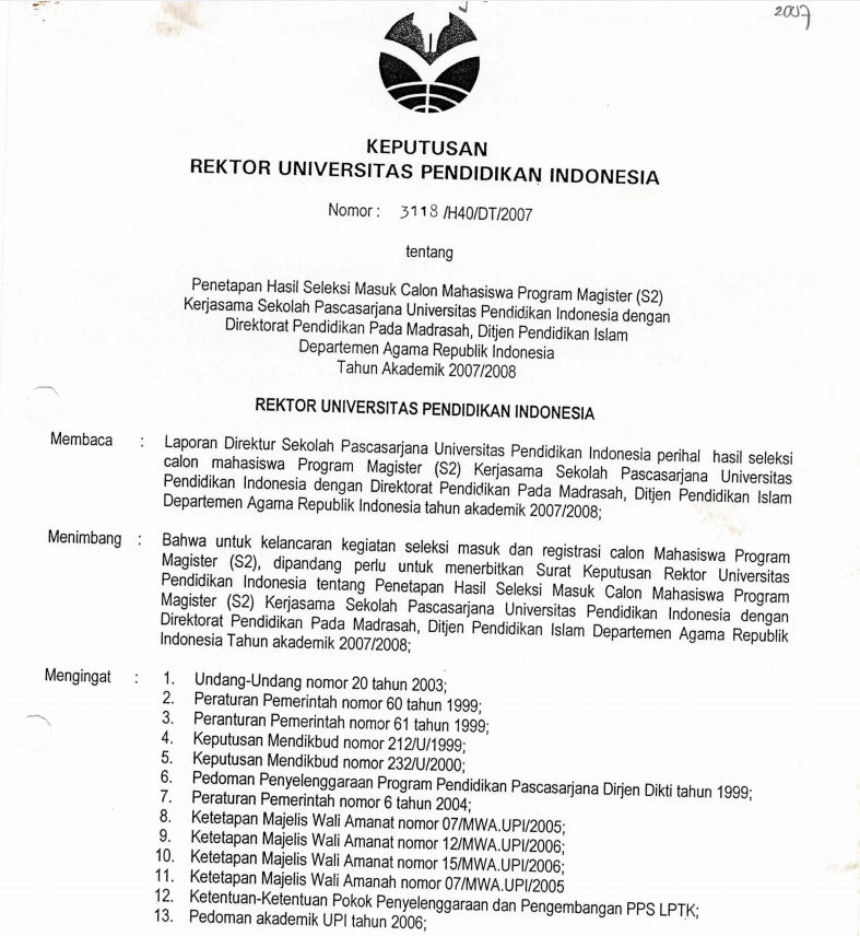 SK. Rektor UPI tentang Penetapan Hasil Seleksi Masuk Calon Mahasiswa Program S2 Kerjasama SPS dengan Direktorat Pendidikan pada Madrasah