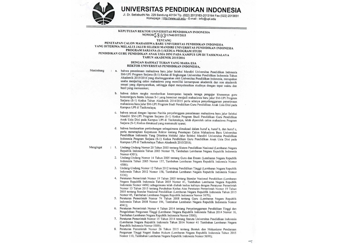 Surat Keputusan Rektor Universitas Pendidikan Indonesia Tentang Penetapan Calon Mahasiswa Baru  Universitas Pendidikan Indonesia Yang Diterima Melalui Jalur Seleksi Mandiri