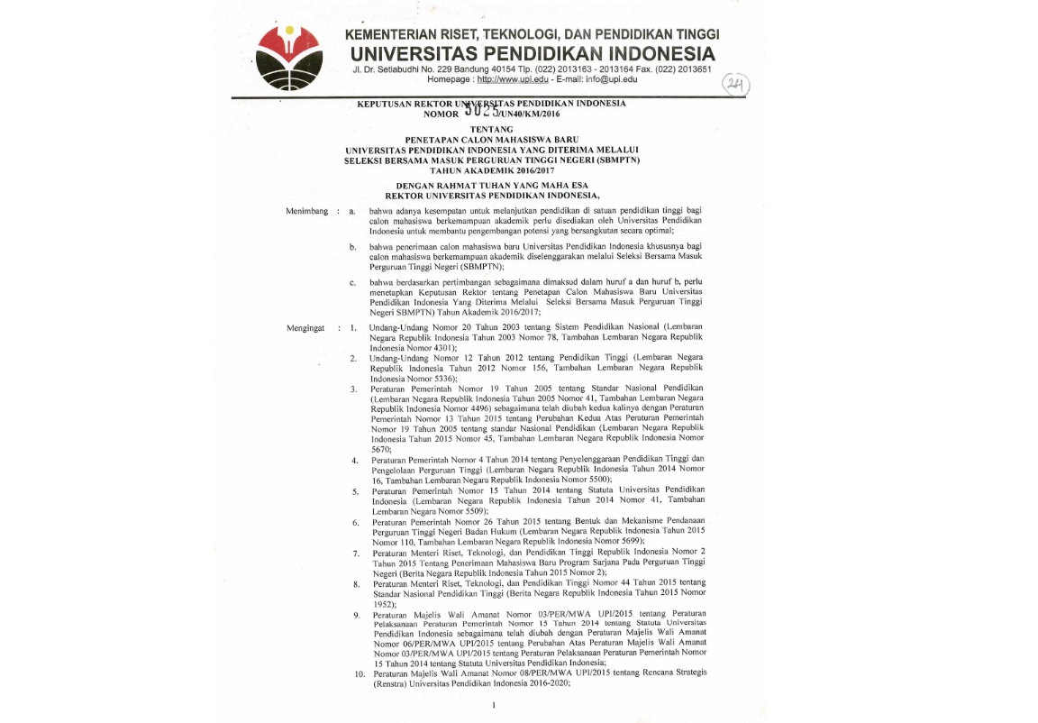 Surat Keputusan Rektor Universitas Pendidikan Indonesia Tentang Penetapan Calon Mahasiswa Baru Universitas Pendidikan Indonesia Yang Diterima Melalui Seleksi Bersama Masuk Perguruan Tinggi Negeri