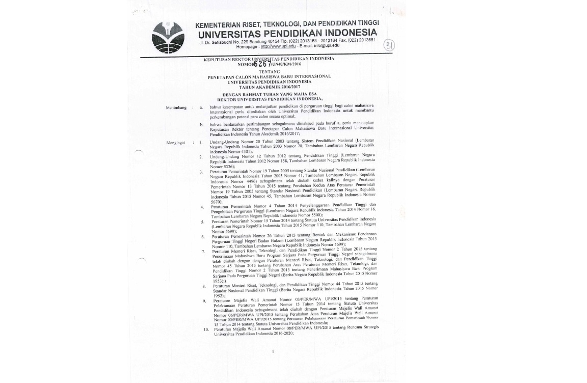 Surat Keputusan Rektor Universitas Pendidikan Indonesia Tentang Penetapan Calon Mahasiswa Baru Internasional