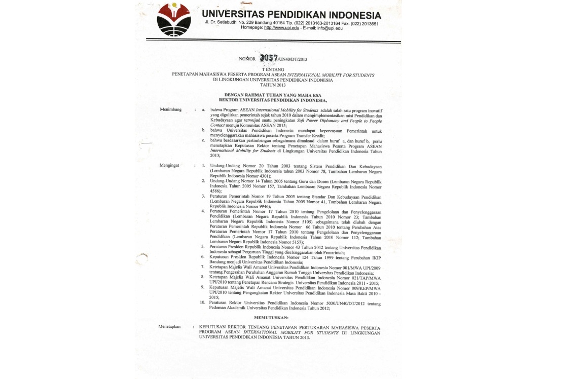 Surat Keputusan Rektor Universitas Pendidikan Indonesia Tentang Penetapan Mahasiswa Peserta Program Asean International Mobilty For Students
