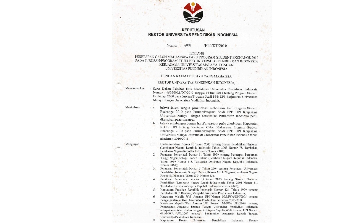 Surat Keputusan Rektor Universitas Pendidikan Indonesia Tentang Penetapan Calon Mahasiswa Baru Program Student Exchange