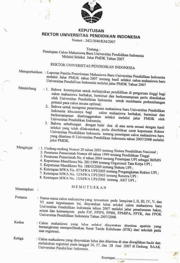 SK Rektor UPI tentang Penetapan Calon Mahasiswa Baru UPI Melalui Seleksi Jalur PMDK Tahun 2007