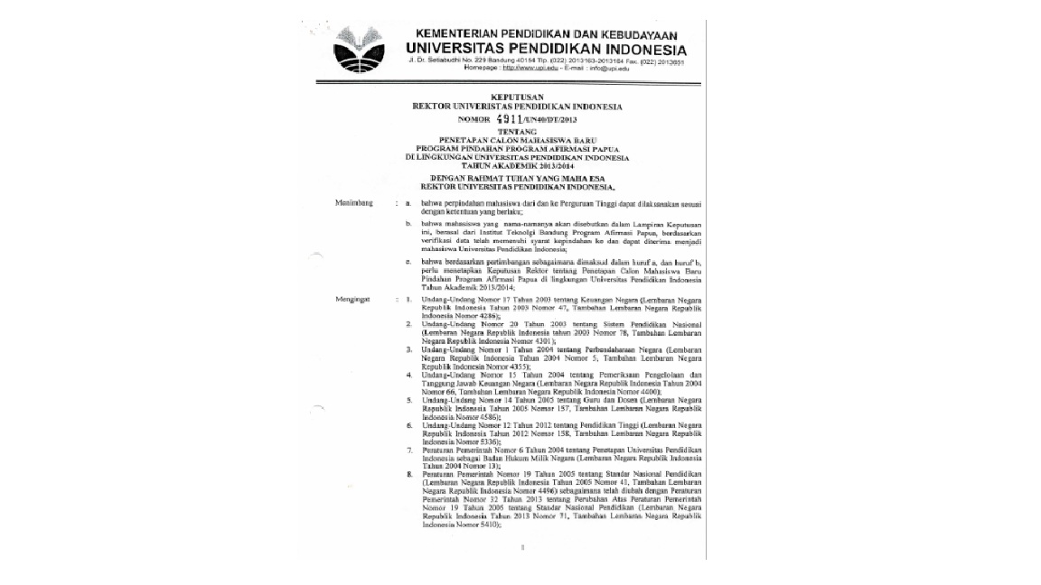 Surat Keputusan Rektor Universitas Pendidikan Indonesia Tentang Penetapan Calon Mahasiswa Baru Program Pindahan Program Afirmasi Papua