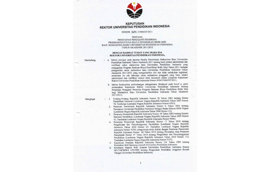 Surat Keputusan Rektor Universitas Pendidikan Indonesia Tentang Penetapan Pengganti Penerima Program Bantuan Biaya Pendidikan Bidik Misi