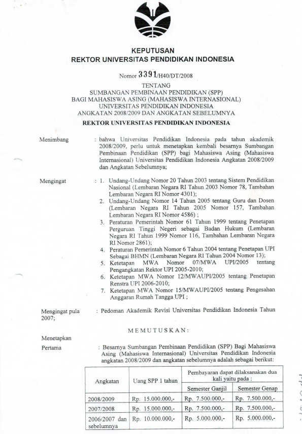 SK Rektor UPI tentang SPP Bagi Mahasiswa Asing/Internasional UPI Angkatan 2008/2009 dan sebelumnya