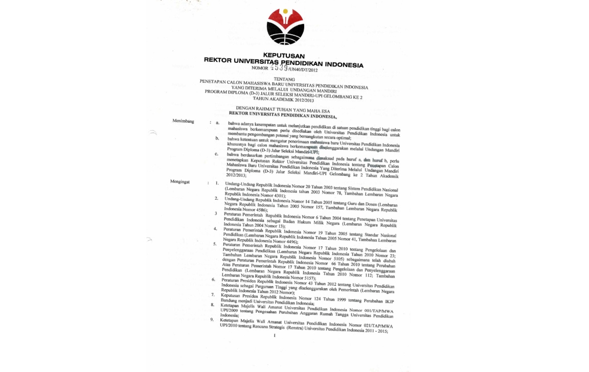 Surat Keputusan Rektor Universitas Pendidikan Indonesia Tentang Penetapan Calon Mahasiswa Baru Yang Diterima Melalui Undangan Mandiri Program Diploma (D3) Jalur Seleksi Mandiri - UPI Gelombang Ke 2