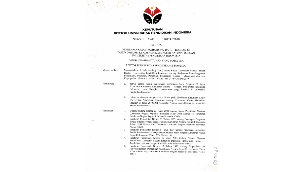 Surat Keputusan Rektor Universitas Pendidikan Indonesia Tentang Penetapan Calon Mahasiswa Baru Program S1 Tahun 2010/2011 Kerjasama Kabupaten Natuna Dengan Universitas Pendidikan Indonesia
