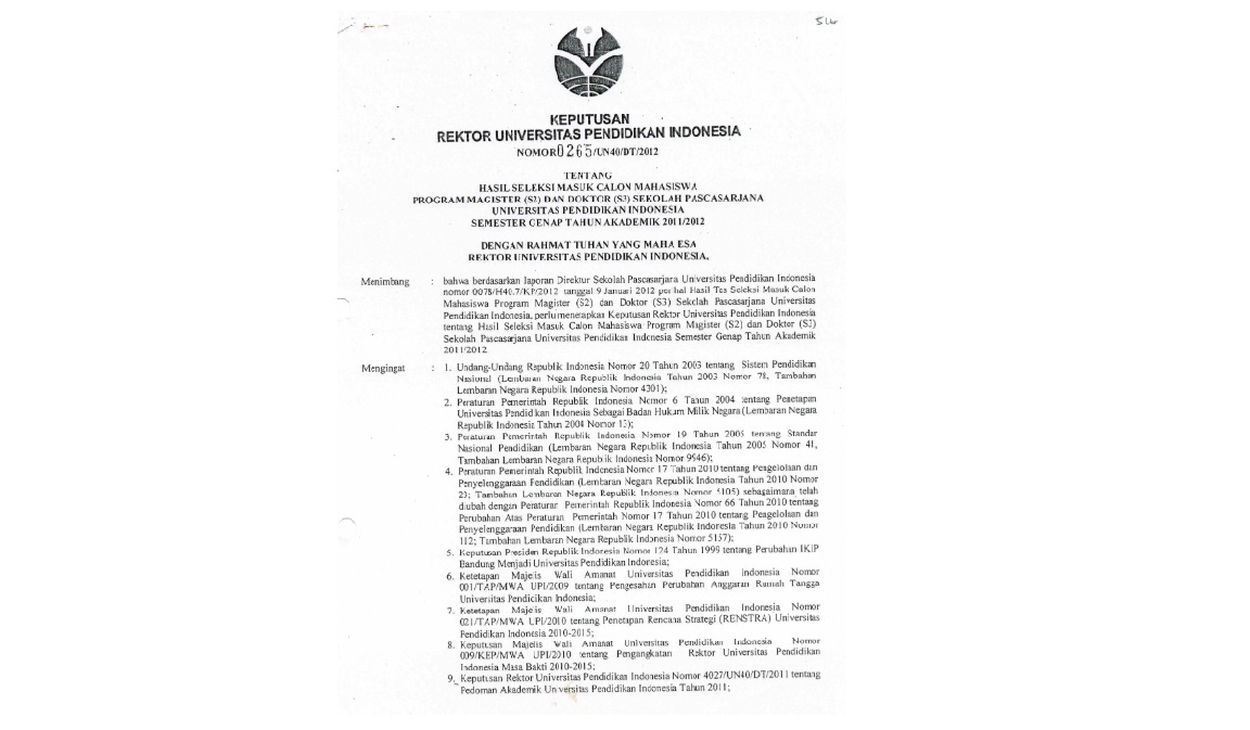 Surat Keputusan Rektor Universitas Pendidikan Indonesia Tentang Hasil Seleksi Masuk Calon Mahasiswa Program Magister ( S2 ) Dan Doktor ( S3) Sekolah PascaSarjana