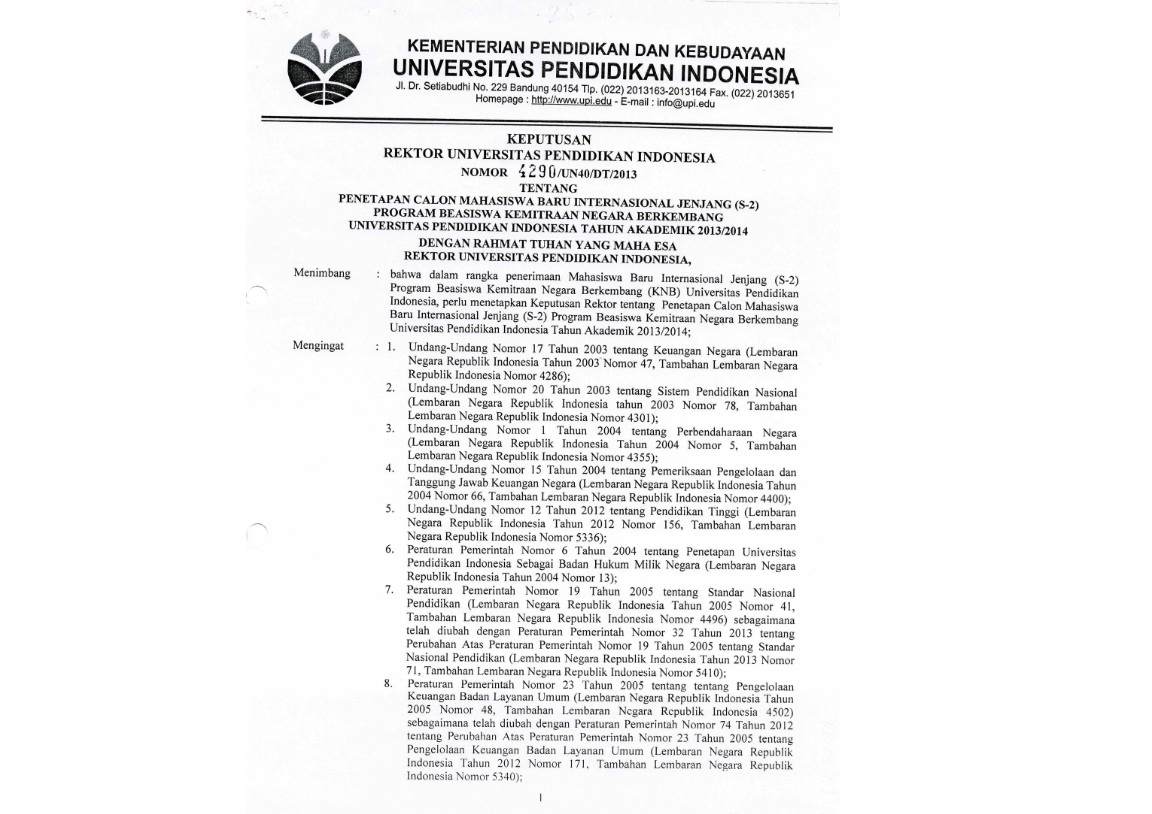 Surat Keputusan Rektor Universitas Pendidikan Indonesia Tentang Penetapan Calon Mahasiswa Baru Internasional Jenjang (S-2)
