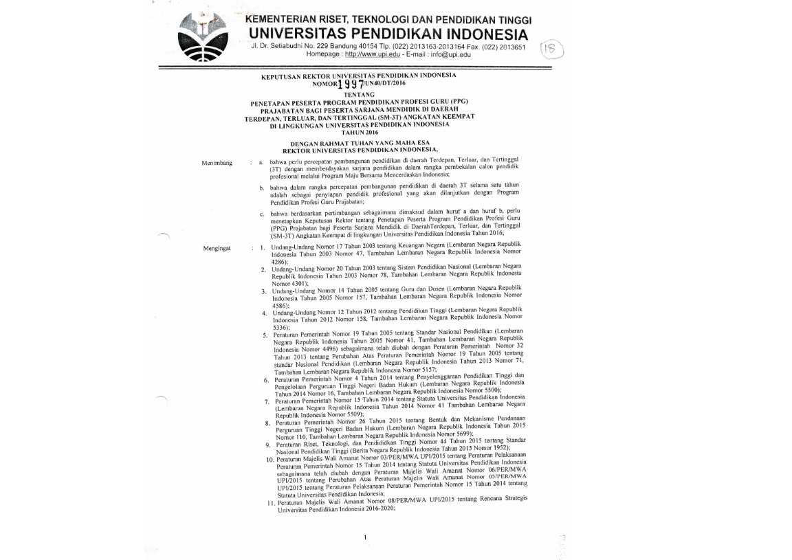 Surat Keputusan Rektor Universitas Pendidikan Indonesia Tentang Penetapan Peserta Program Pendidikan Profesi Guru (PPG)