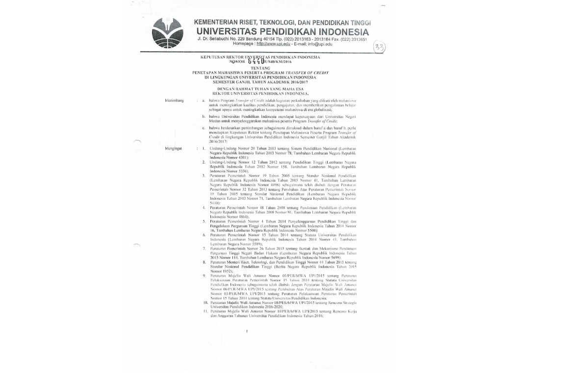 Surat Keputusan Rektor Universitas Pendidikan Indonesia Tentang Penetapan Mahasiswa Peserta Program Transfer Of Credit