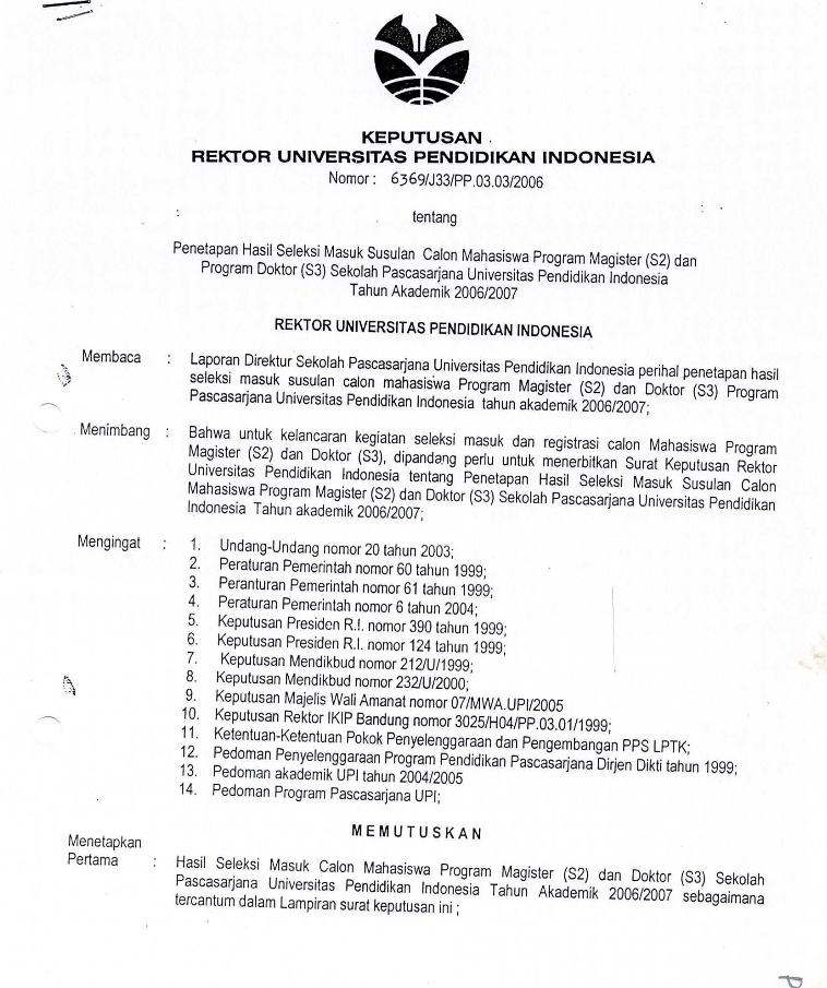 Surat Keputusan Rektor Universitas Pendidikan Indonesia tentang Penetapan Hasil Seleksi Masuk Susulan Calon Mahasiwa Program Magister (S2) dan Doktor (S3) SPS Susulan tahun akademik 2006/2007