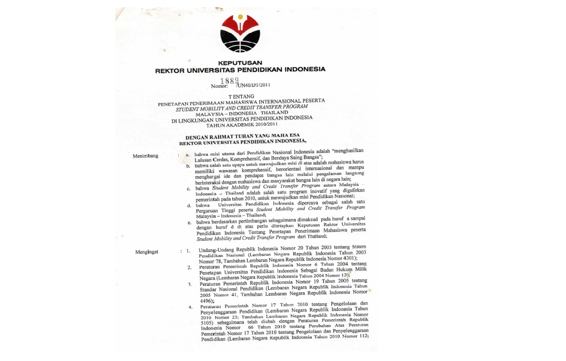 Surat Keputusan Rektor Universitas Pendidikan Indonesia Tentang Penetapan Penerimaan Mahasiswa Internasional