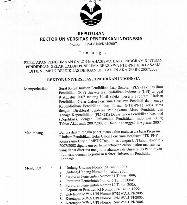 SK Rektor UPI tentang Penetapan Penerimaan Calon Mahasiswa Baru Program Rintisan Pendidikan Gelar Calon Penerima Beasiswa PTK-PNF