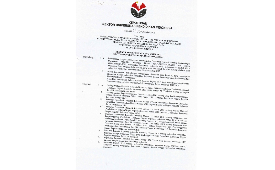 Surat Keputusan Rektor Universitas Pendidikan Indonesia Tentang Penetapan Calon Mahasiswa Baru Universitas Pendidikan Indonesia Yang Diterima Melalui Seleksi Mandiri Program Sarjana (S-1)