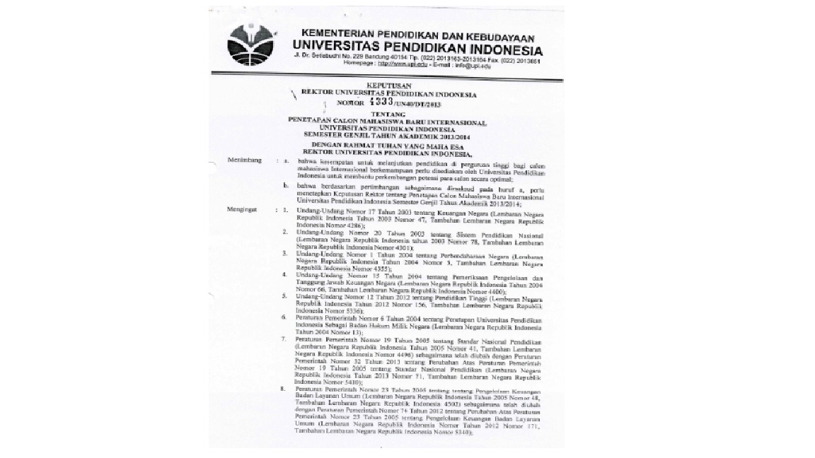 Surat Keputusan Rektor Universitas Pendidikan Indonesia Tentang Penetapan Calon Mahasiswa Baru Internasional