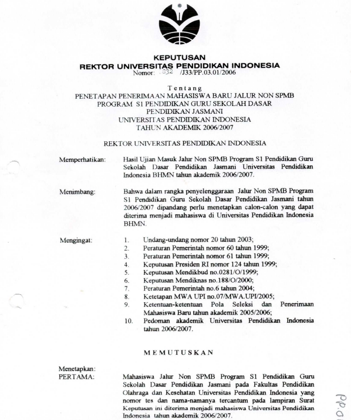 SK Rektor UPI tentang Penetapan penerimaan Mahasiswa Baru Jalur Non SPMB Program S1 PGSD