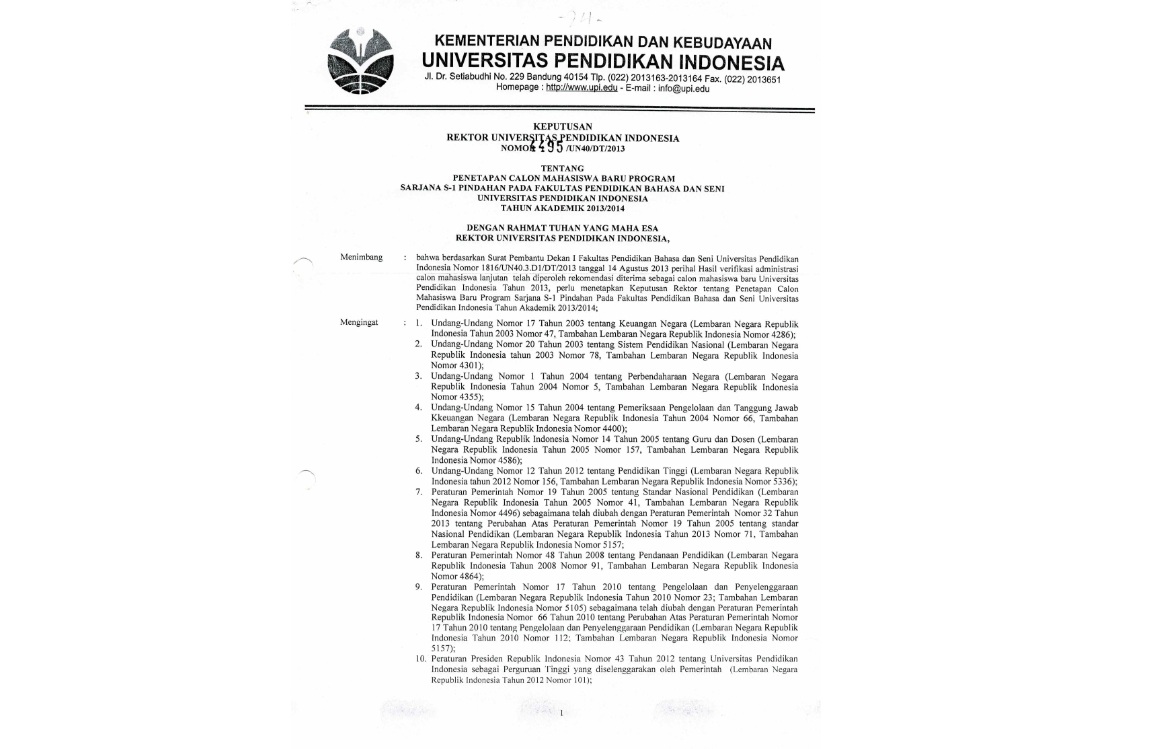 Surat Keputusan Rektor Universitas Pendidikan Indonesia Tentang Penetapan Calon Mahasiswa Baru Program Sarjana S-1 Pindahan