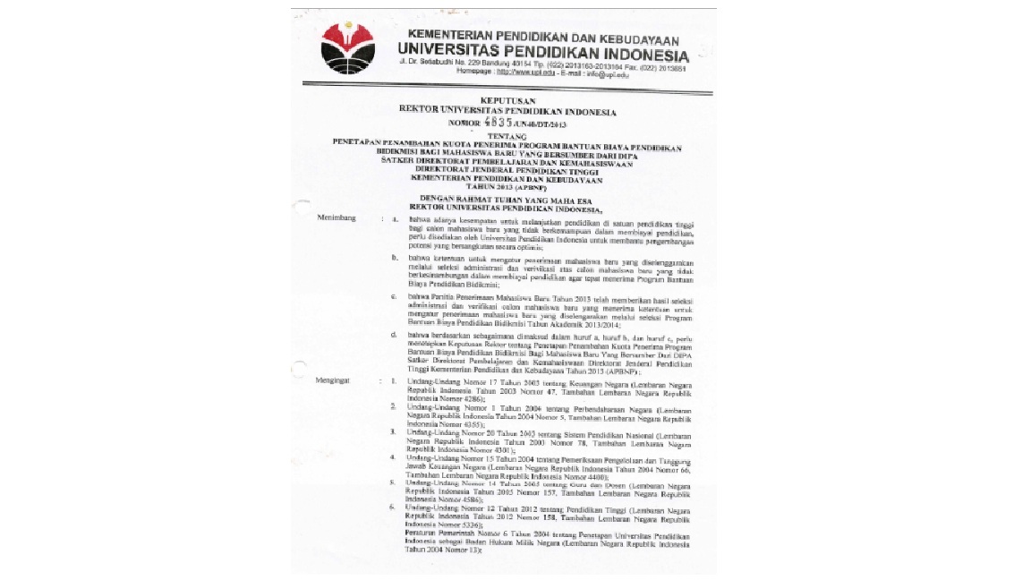 urat Keputusan Rektor Universitas Pendidikan Indonesia Tentang Penetapan Penambahan Kuota Penerima Program Bantuan Biaya Pendidikan