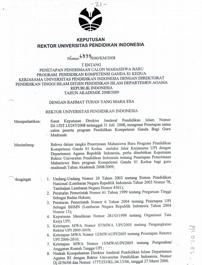 SK. Rektor UPI tentang Penetapan Penerimaan Calon Mahasiswa Baru Program Pendidikan Kompetensi Ganda S1 Kedua UPI TA 2008/2009