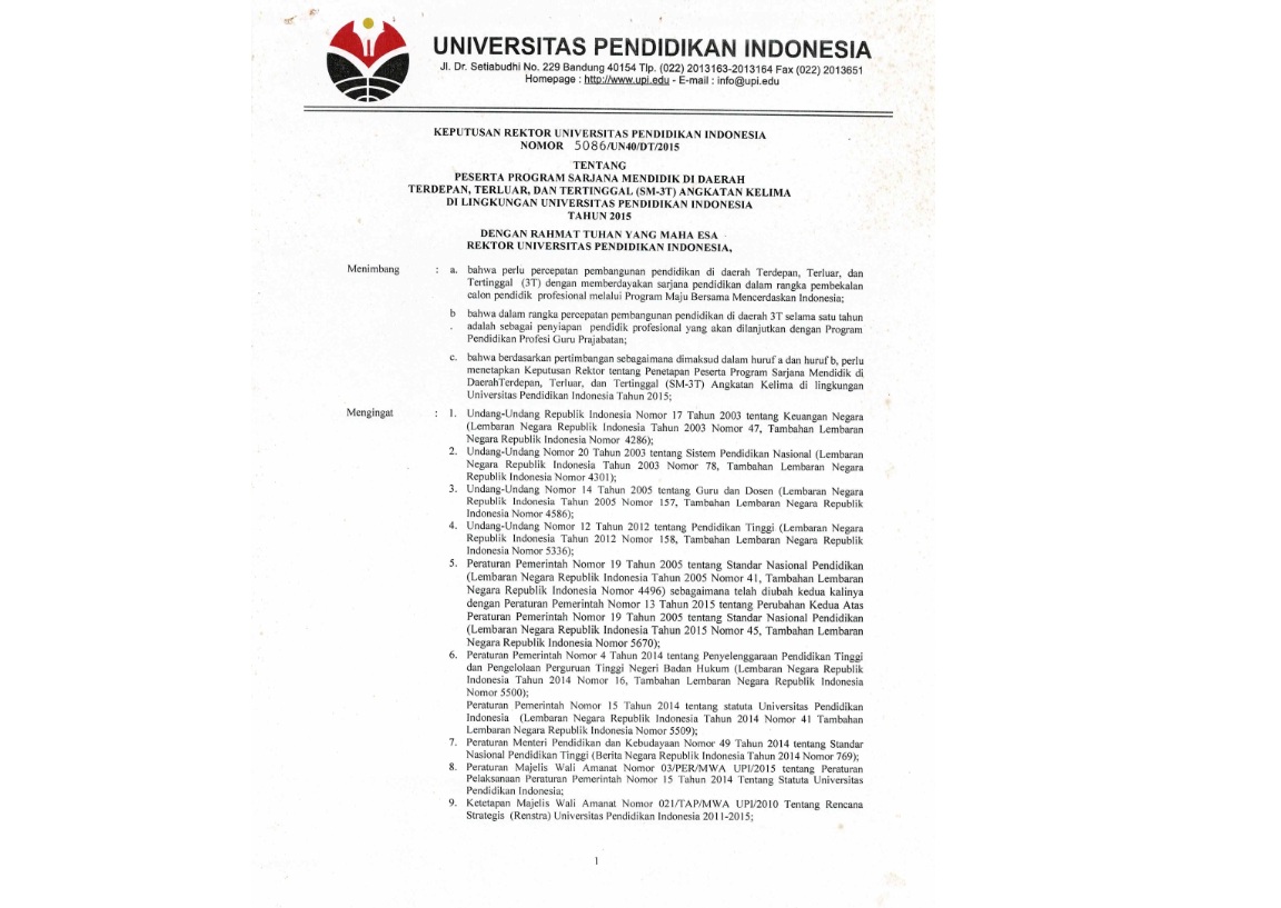 Surat Keputusan Rektor Universitas Pendidikan Indonesia Tentang Peserta Program Sarjana Mendidik Di Daerah Terdepan, Terluar, Dan Tertinggal