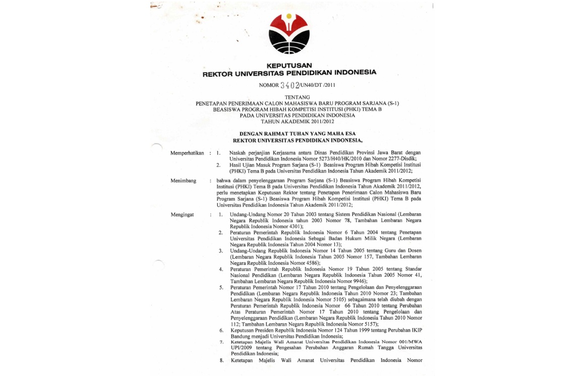 Surat Keputusan Rektor Universitas Pendidikan Indonesia Tentang Penetapan Penerimaan Calon Mahasiswa Baru Program Sarjana (S-1)