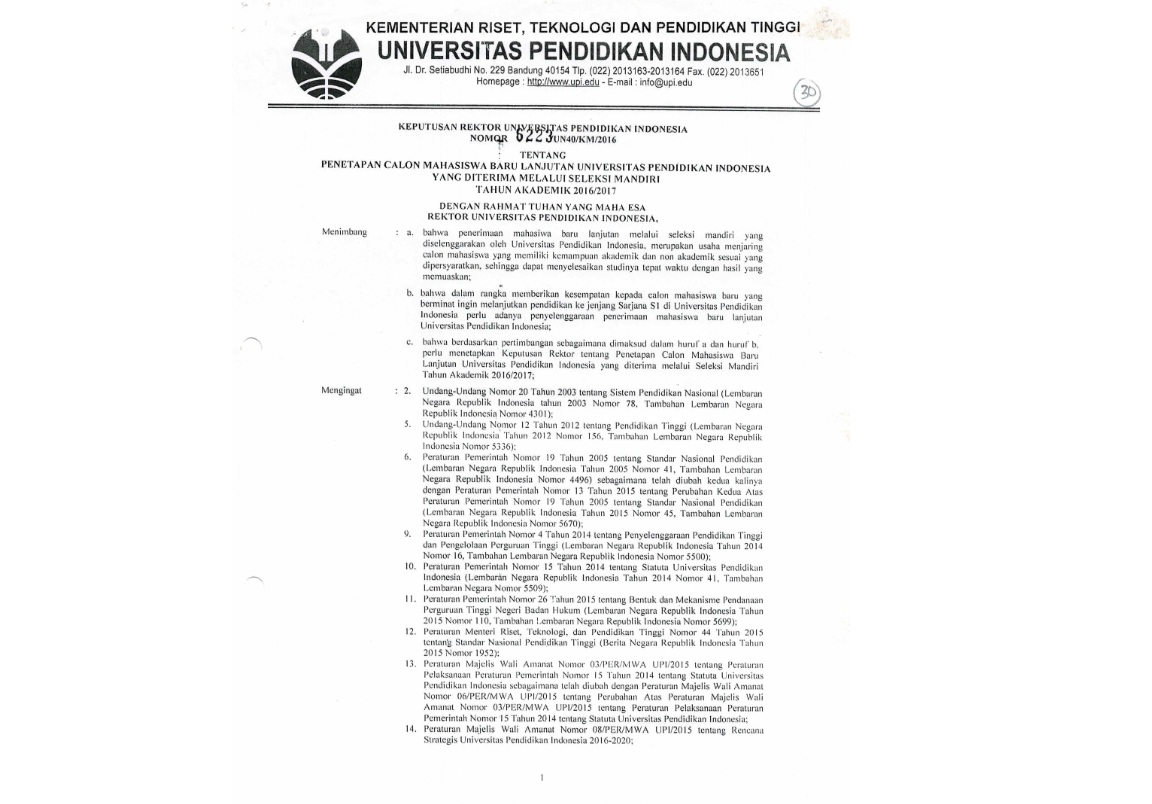 Surat Keputusan Rektor Universitas Pendidikan Indonesia Tentang Penetapan Calon Mahasiswa Baru Lanjutan