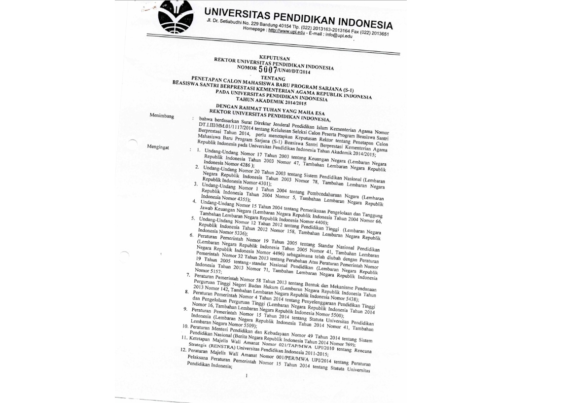 Surat Keputusan Rektor Universitas Pendidikan Indonesia Tentang Penetapan Calon Mahasiswa Baru Program Sarjana (S-1)