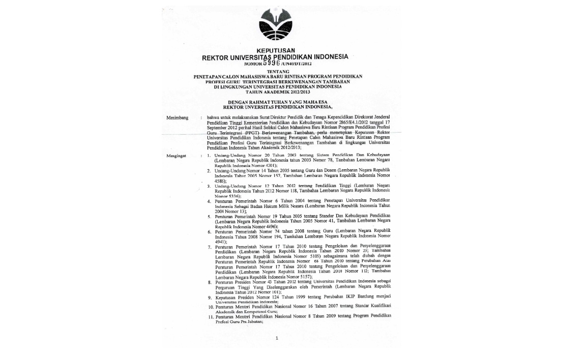 Surat Keputusan Rektor Universitas Pendidikan Indonesia Tentang Penetapan Calon Mahasiswa Baru Rintisan Program Pendidikan Profesi Guru Terintegrasi Berkewenangan Tambahan