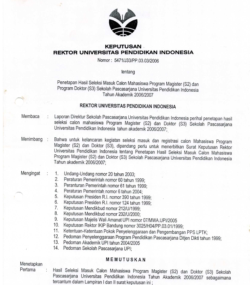 Surat Keputusan Rektor Universitas Pendidikan Indonesia Penetapan Hasil Seleksi Mahasiswa Magister (S2) dan Program Doktor (S3) Sekolah Pascasarjana UPI Tahun 2006/2007