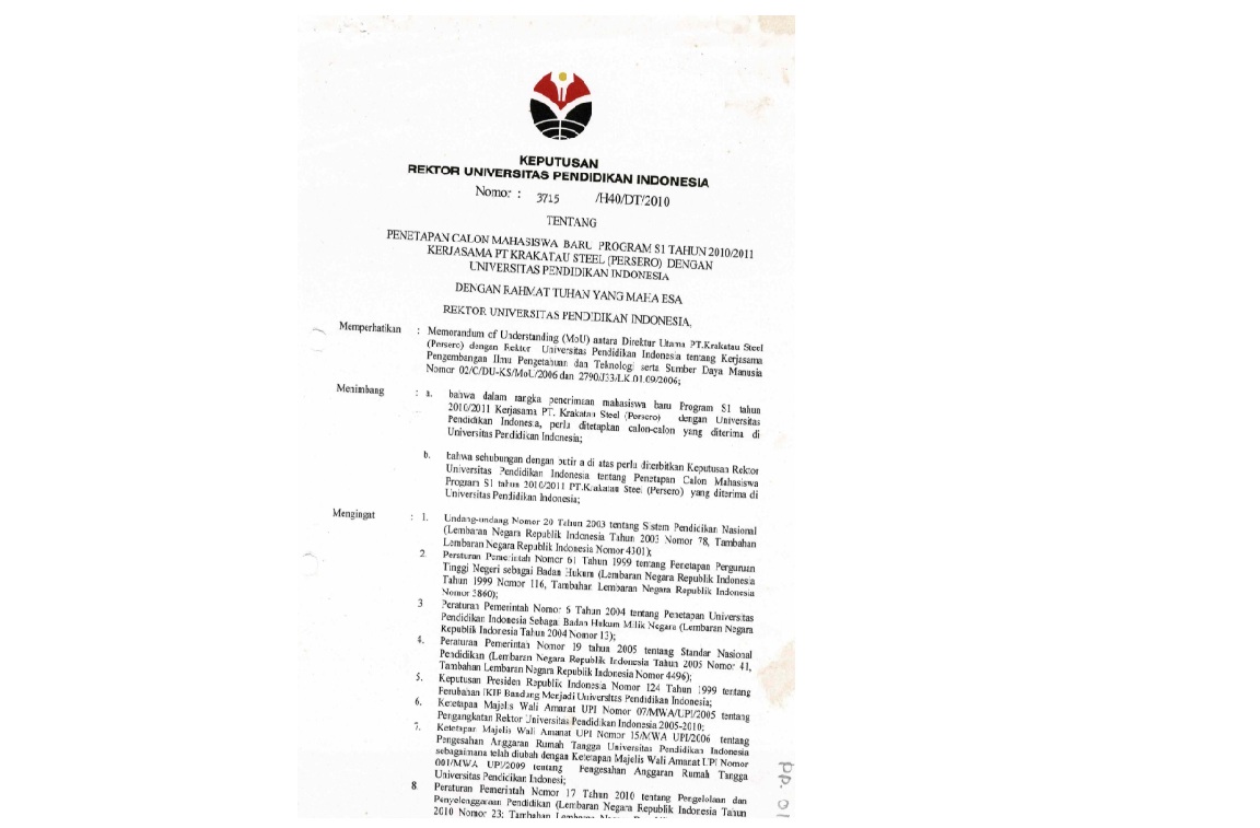 Surat Keputusan Rektor Universitas Pendidikan Indonesia Tentang Penetapan Calon Mahasiswa Baru Program S1