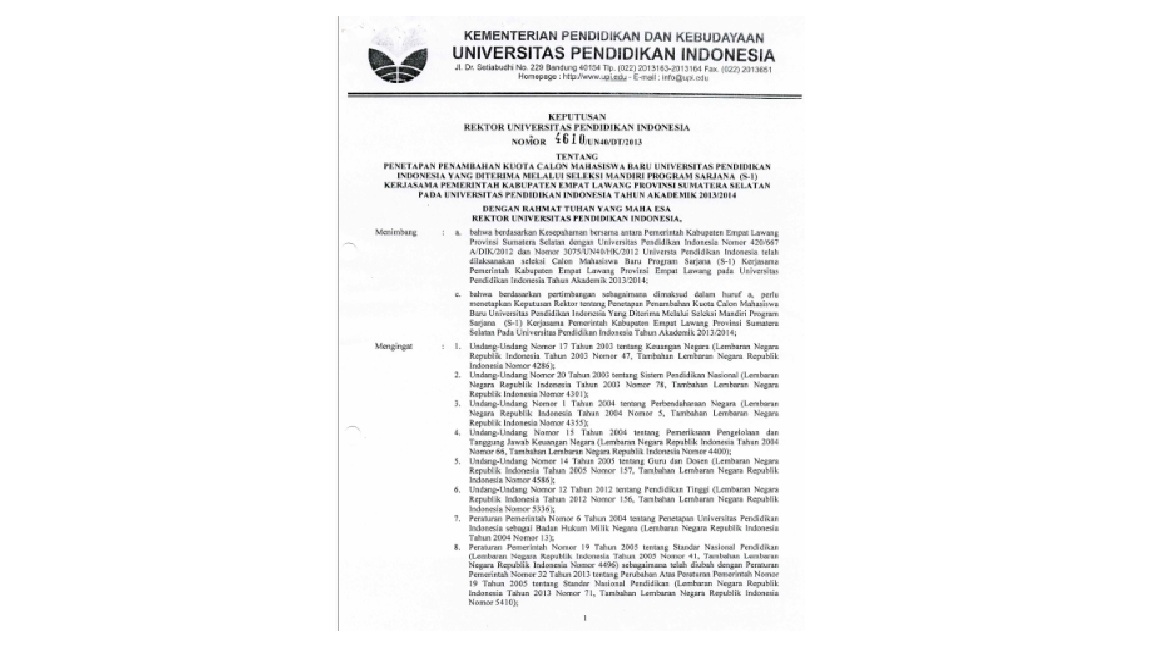 Surat Keputusan Rektor Universitas Pendidikan Indonesia Tentang Penetapan Penambahan Kuota Calon Mahasiswa Baru